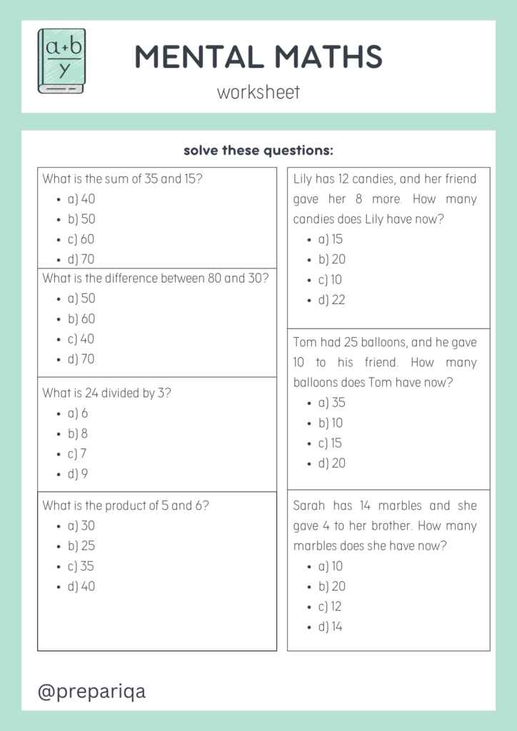 Mental maths worksheet 