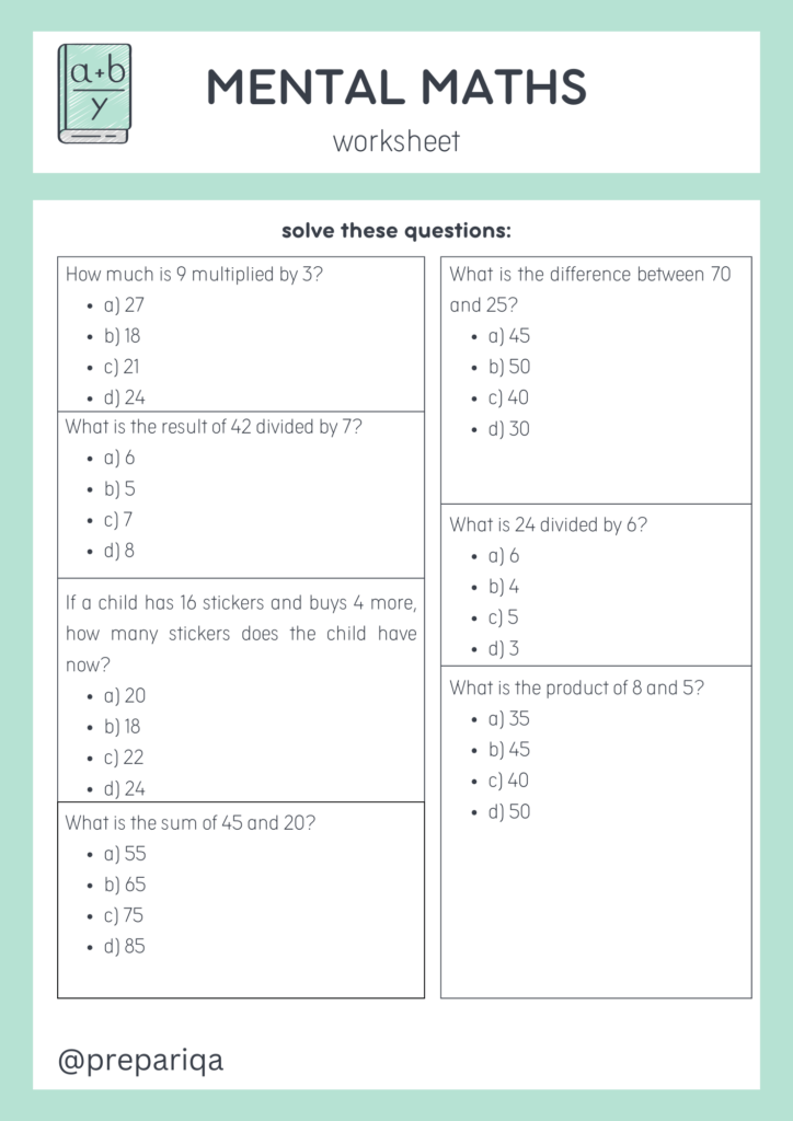 Mental maths worksheets