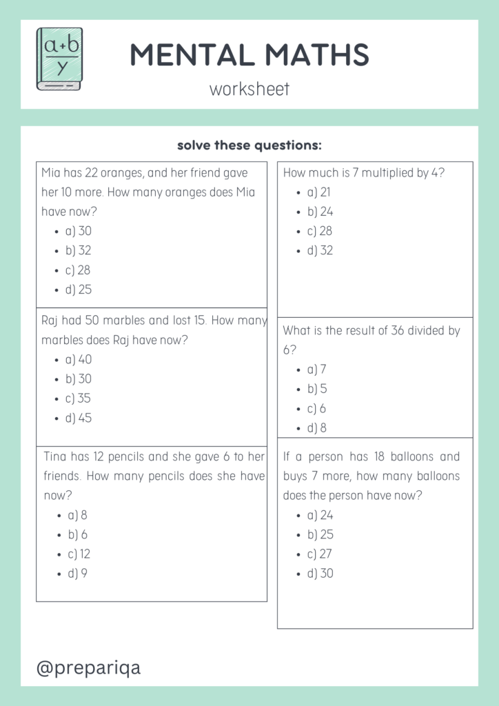 Mental maths worksheets