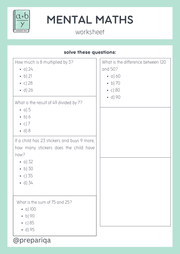 Mental maths worksheets