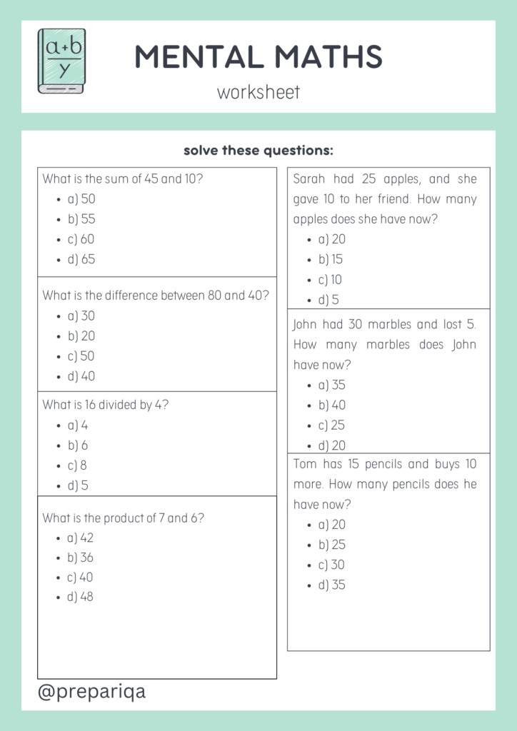 Mental maths worksheets