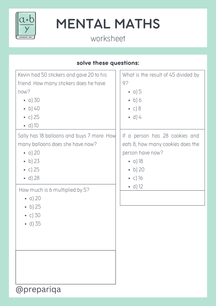 Mental maths worksheet