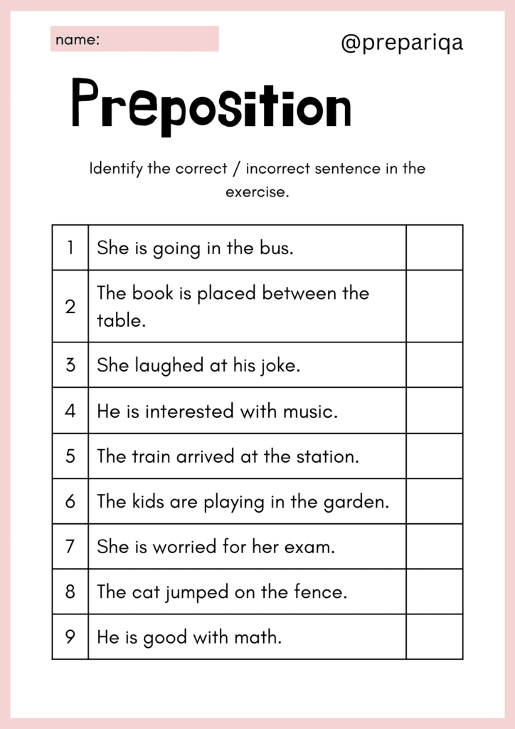 preposition worksheet for class 3